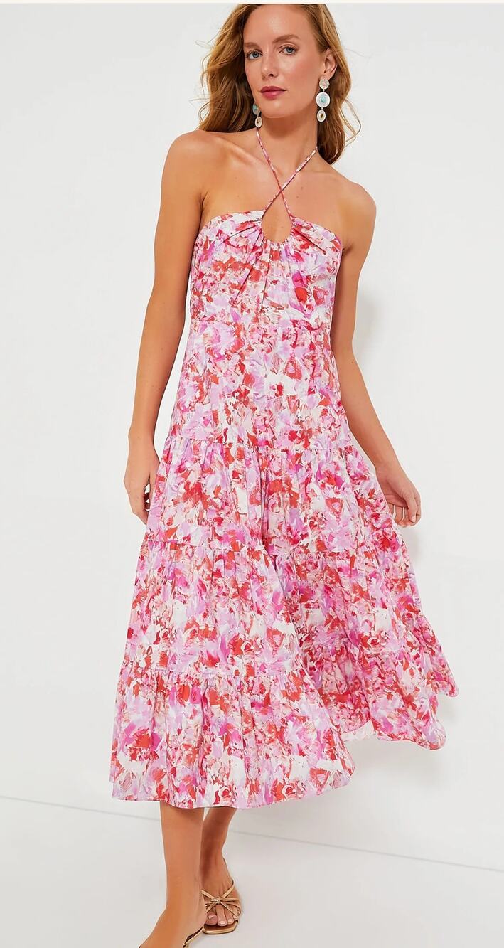 Hyacinth House Fuschia Brushstrokes Aurora Halter Neck Midi Dress Womens Large
